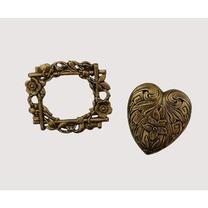 Set of 2 Pins Heart Floral Frame Brooch Lightweight Antique Gold Tone